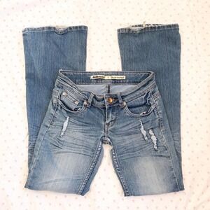 y2k dollhouse low rise flare jeans distressed medium wash